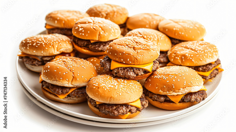 A plate full of cheeseburgers isolated on a white