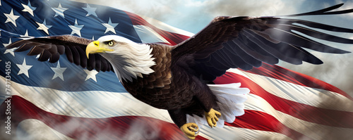 american bald eagle with usa flag on background