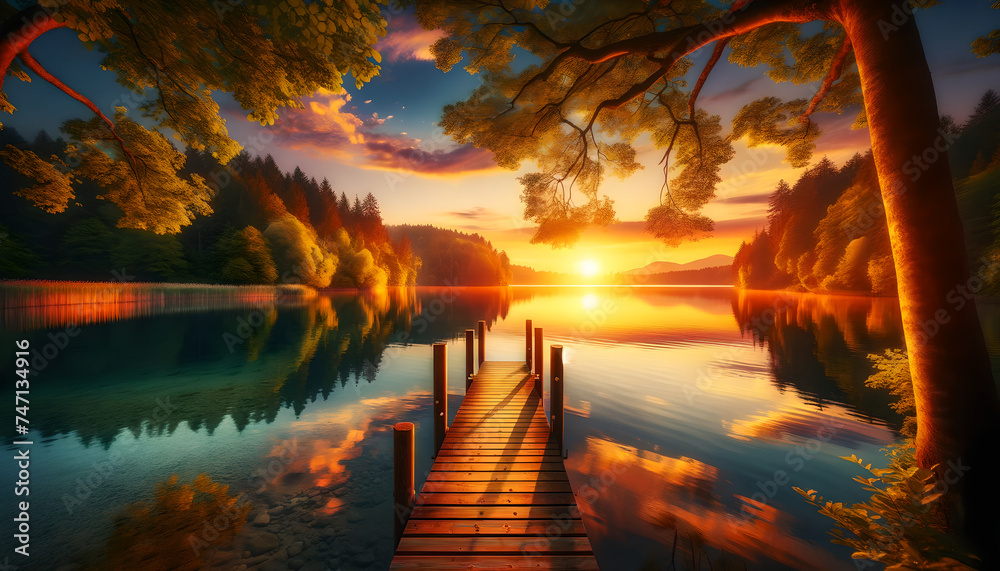 Serene Sunset over Calm Lake with Wooden Pier, Generative AI - obrazy, fototapety, plakaty 
