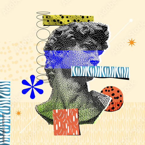 Portrait of Michelangelos David with collage technique and color blocking. Aesthetic contemporary art collage. Vector illustration