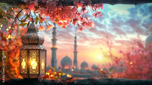 A picture of Ramadan Kareem greetings with a gorgeous burning lantern and a calm mosque background. photo
