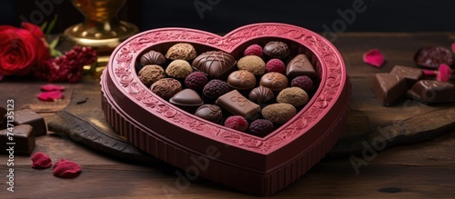 A heart-shaped box of chocolates is placed neatly on a wooden table, inviting indulgence and delight. The rich aroma of cocoa fills the air, promising a moment of sweet temptation and love.