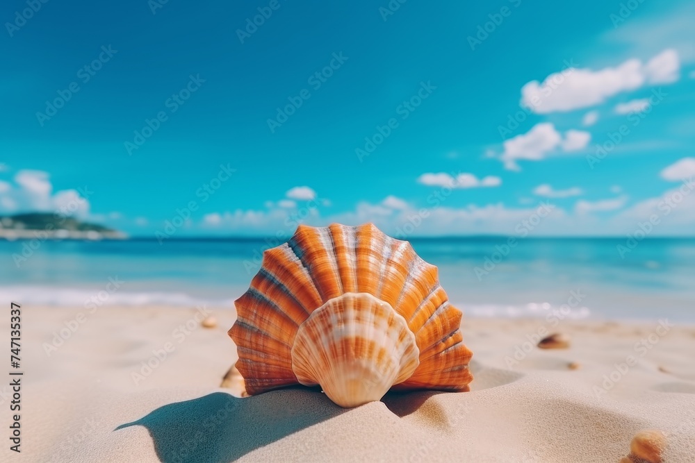 Beautiful sea shell on sandy beach, coastal beauty for relaxing summer vibes and vacation designs Beautiful sea shell on sandy beach, coastal beauty for relaxing summer vibes and vacation designs