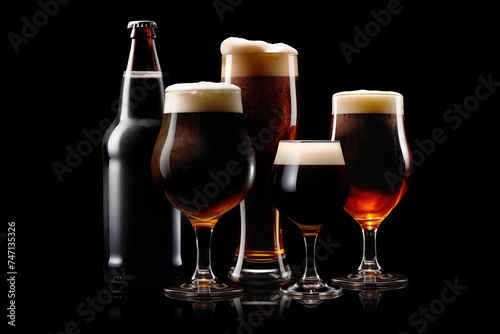 Set of Beer glasses and bottles on a black background. Mugs with drink like Ipa, Pale Ale, Pilsner, Porter or Stout