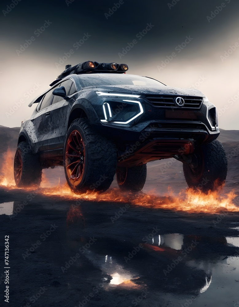 A monstrous truck exudes power and aggression, with flames engulfing its lower body. The truck's reflection in a puddle adds a calmness to the otherwise intense scene.