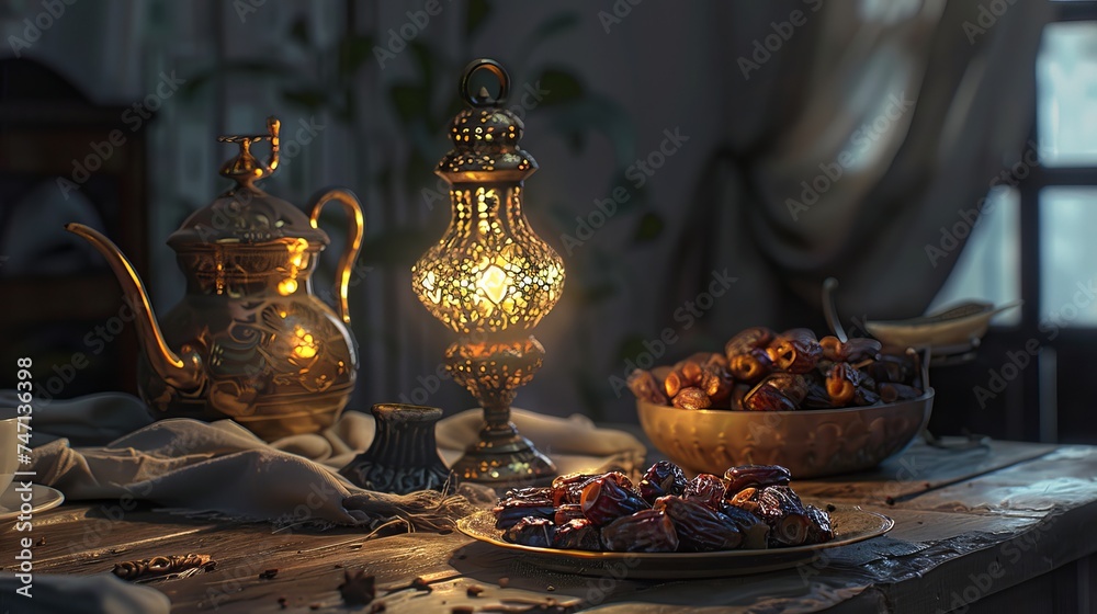 Dates and a Ramadan candle still life