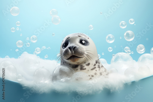 Playful Encounter: A Cute Grey Harbor Seal with Whiskers Relishing the Atlantic Waters of Helgoland, Germany. photo