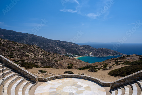 View of the Odysseas Elytis outdoor theatre and the famous Mylopotas beach in the background in Ios Greece photo