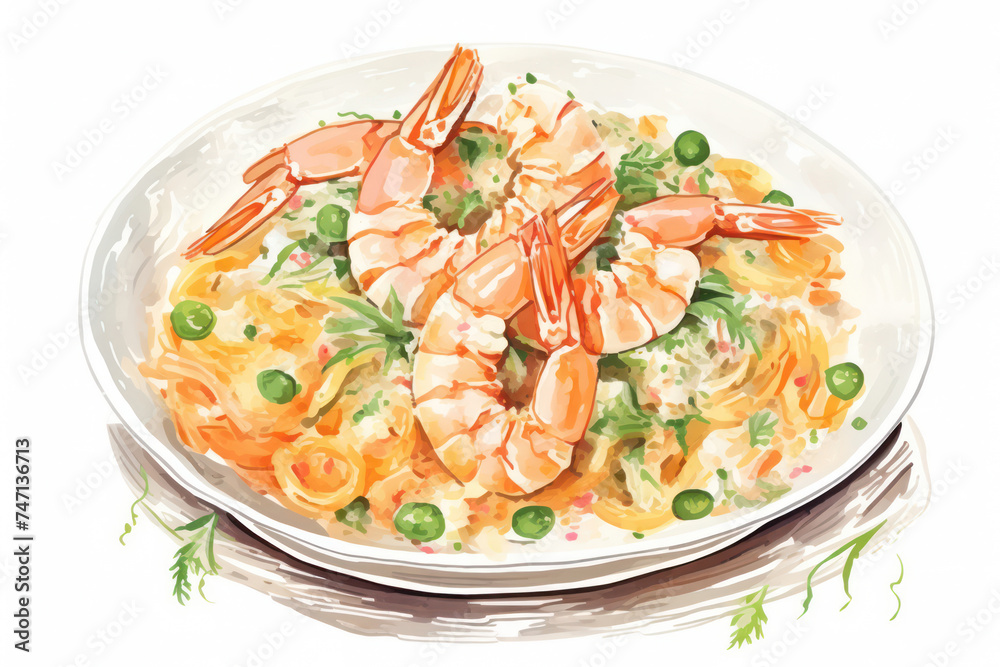 Delicious Shrimp Seafood Dinner on a Plate, a Tantalizing and Healthy Tasty Dish with Fresh White Prawn, Served with Gourmet Italian Pasta in a Traditional Restaurant. Delicious Shrimp Seafood Dinner on a Plate, a Tantalizing and Healthy Tasty Dish with Fresh White Prawn, Served with Gourmet Italian Pasta in a Traditional Restaurant.