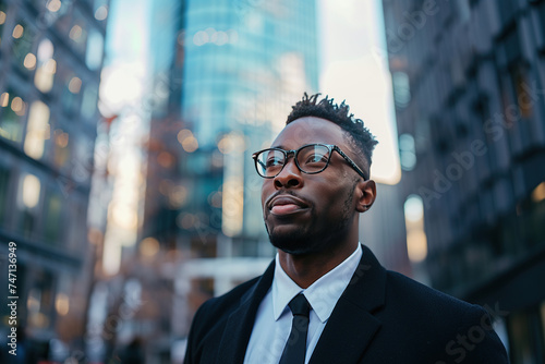 close up image of a young black businessman standing in the streets of a financial district, skyscrapers in the background, providing a context of financial business. Generative AI