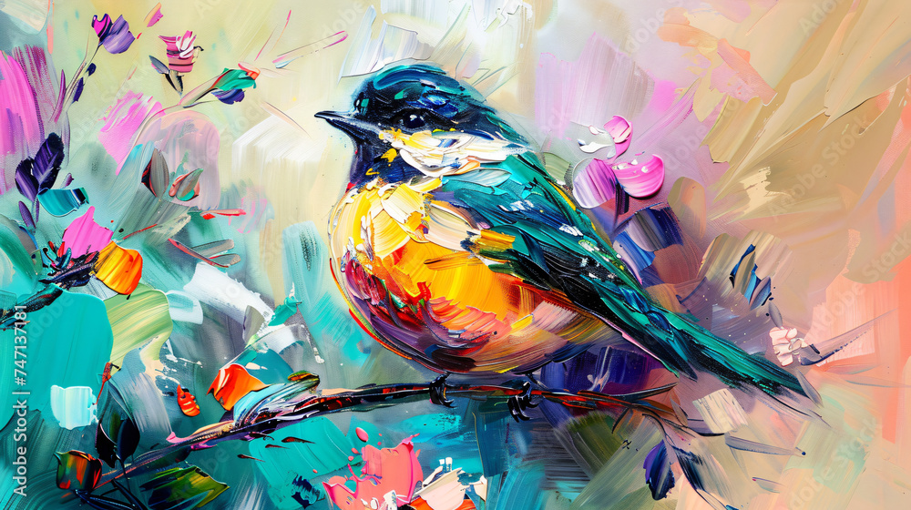 Abstract colorful oil acrylic painting of bird a