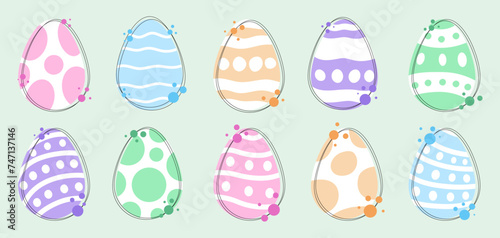 Set of decorated Easter traditional eggs drawing, stickers for Easter holiday, vector illustrations.