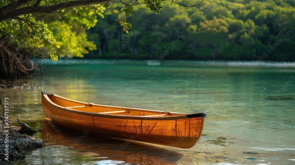 Obraz premium Canoe rests by crystal waters near tropic isle