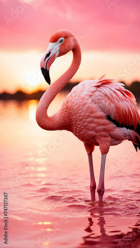 flamingo at sunset stands on a pink lake