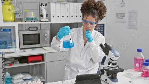 Wallpaper Mural A young hispanic woman scientist examines blue liquid in a flask in a laboratory setting. Torontodigital.ca