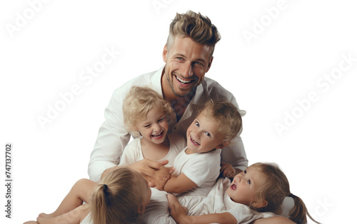 Man Sitting on Top of Pile of Little Girls. A man is seated on a stack of young girls, displaying domination or control over them. Isolated on a Transparent Background PNG.