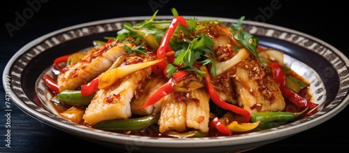 A plate containing a Sichuan delicacy of fish fillet with pickled vegetables in a spicy lemon sauce is placed on a wooden table.