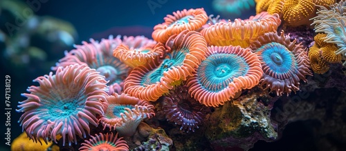 A variety of colorful corals are thriving on a vibrant coral reef in the underwater natural environment, showcasing marine invertebrates' beauty in marine biology.