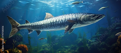 A large barracuda fish gracefully swims in the water, showcasing its sleek and powerful body as it moves effortlessly through the underwater environment.