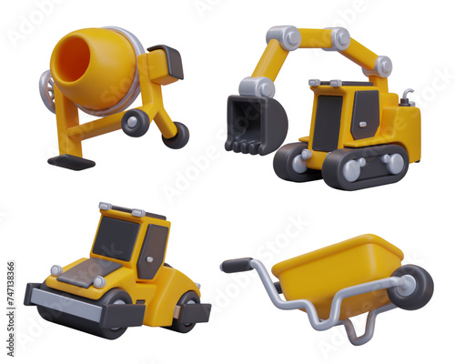 Concrete mixer, excavator, road roller, yellow wheelbarrow