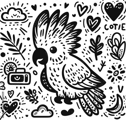 parrot, cockatoo, macaw bird in cute animal doodle cartoon, children mascot drawing, outline,