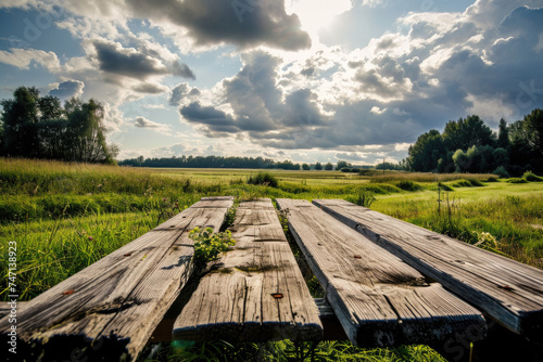 Rustic wooden picnic table in peaceful field