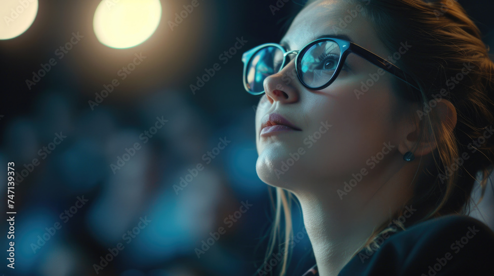Woman with glasses gazing at sky, suitable for educational materials Woman with glasses gazing at sky, suitable for educational materials