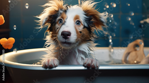 The puppy is having fun playing in the bathtub.