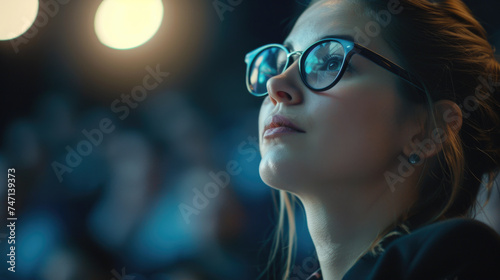 Woman with glasses gazing at sky, suitable for educational materials