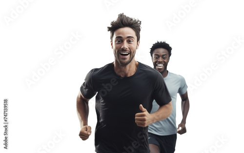 Two Men Running in Race. The two men are engaged in a competitive race, with both exerting effort and determination in their pace. Isolated on a Transparent Background PNG. photo