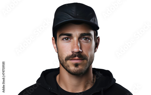 Man Wearing Black Hat and Sweatshirt. He appears to be standing or sitting, with a neutral expression on his face. Isolated on a Transparent Background PNG.