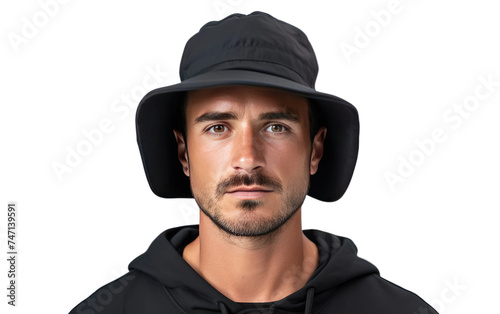 Man Wearing Black Hat and Hoodie. A man is seen wearing a black hat and a black hoodie, standing outdoors. The mans attire blends in with the surroundings. Isolated on a Transparent Background PNG.