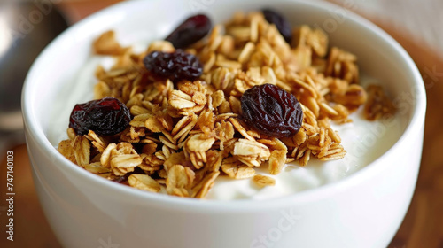 Bowl of granola with raisins and nuts, perfect for breakfast or snack