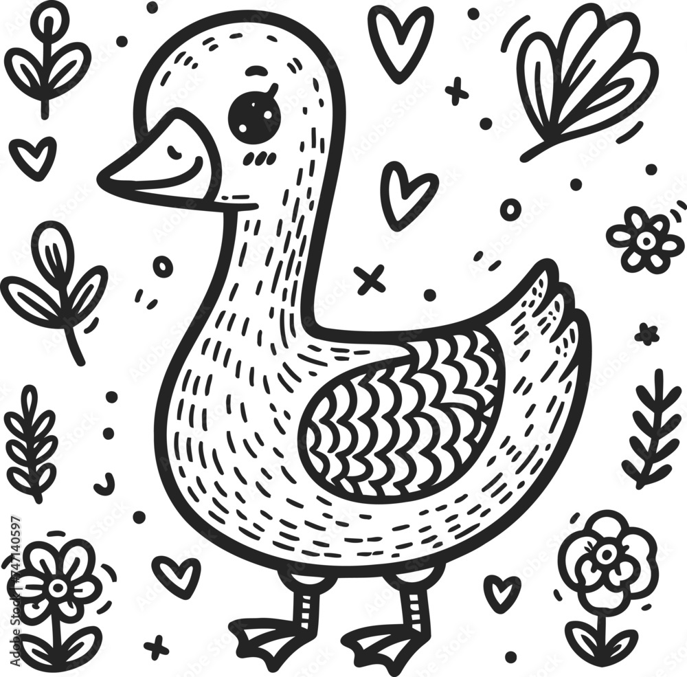 duck, swan, bird in cute animal doodle cartoon, children mascot drawing, outline, duck, swan, bird in cute animal doodle cartoon, children mascot drawing, outline,