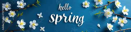 Lettering spring season with plants  leaves and colorful flowers. Hello spring  1 march concept. Template for greeting card  invitation  banner  poster