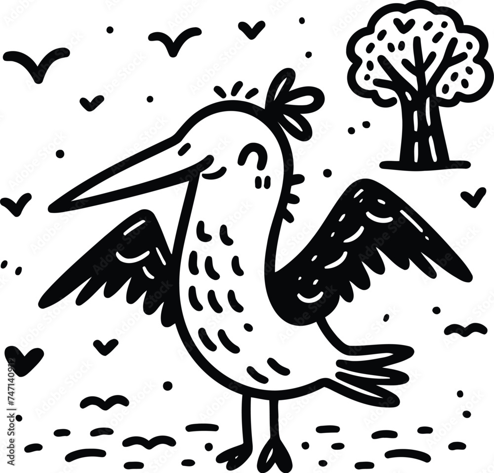 Fototapeta premium seagull bird in cute animal doodle cartoon, children mascot drawing, outline, 