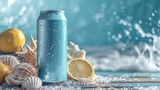 Mockup beverage cans light blue on a driftwood table with crushed ice surrounded by seashells and citrus slices. A serene coastal setting with white sands and azure waters to evoke freshness