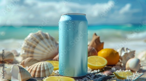 Mockup beverage cans light blue on a driftwood table with crushed ice surrounded by seashells and citrus slices. A serene coastal setting with white sands and azure waters to evoke freshness