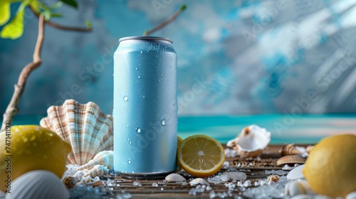 Mockup beverage cans light blue on a driftwood table with crushed ice surrounded by seashells and citrus slices. A serene coastal setting with white sands and azure waters to evoke freshness © ND STOCK