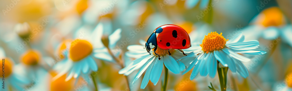 Ladybug on daisy in sunny field, shallow depth of field. Concept of summer, spring and ecology. Ladybug on daisy in sunny field, shallow depth of field. Concept of summer, spring and ecology.