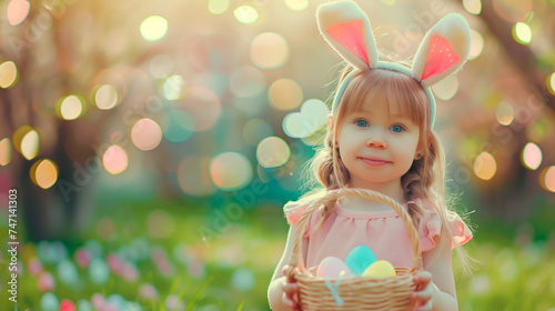 Child with bunny ears holding Easter eggs, spring background with copy space.