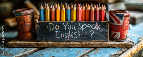 Vintage chalkboard with Do You Speak English? question, British flag, and pencils on rustic wooden backdrop, representing language learning and cultural communication photo