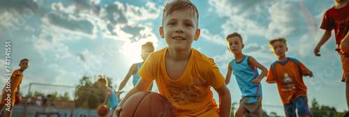 Boy playing basketball with friends on sunny day. Childhood games and sports concept. Design for community event posters, youth sports flyers, and outdoor activity brochures. Backlit shot with sun fla photo