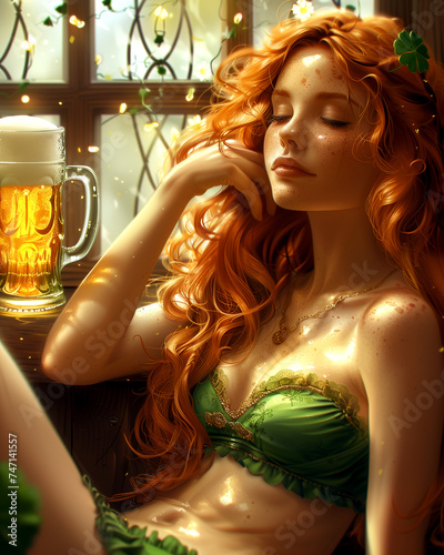Beautiful young woman in green leprechaun costume drinking beer