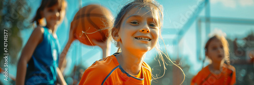 Smiling girlplaying basketball with peers on an outdoor court. Youth team sports and female athletes concept. For sports education brochures, after-school flyers, and children's sports league banners.