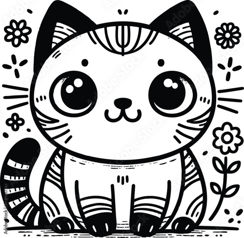 Scottish fold, shorthair cat in cute animal doodle cartoon, children mascot drawing, outline, 