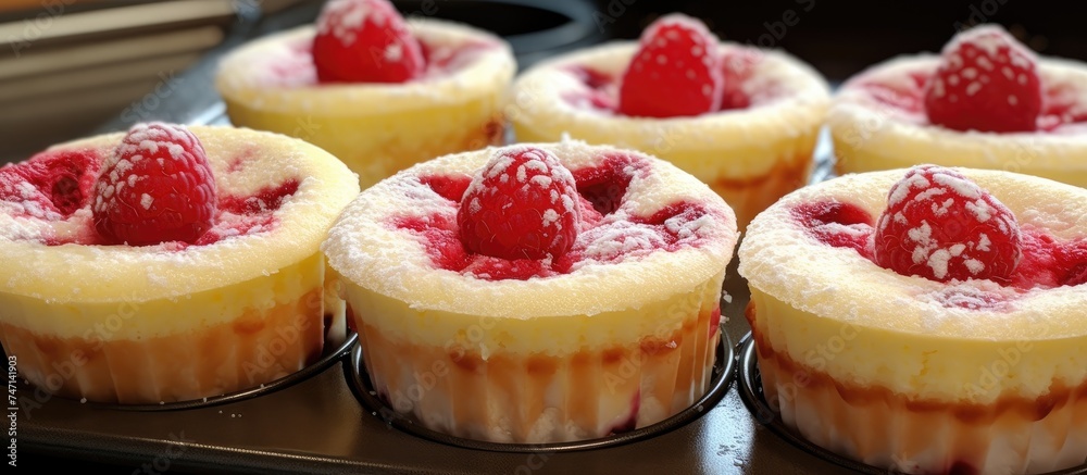 A close-up view of a tray filled with freshly baked small raspberry cheesecakes in muffin shapes. The desserts are golden brown and still warm, with a glistening raspberry compote topping. A close-up view of a tray filled with freshly baked small raspberry cheesecakes in muffin shapes. The desserts are golden brown and still warm, with a glistening raspberry compote topping.