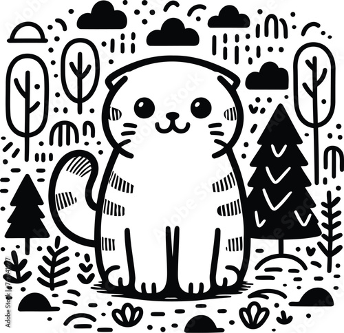 Scottish fold, shorthair cat in cute animal doodle cartoon, children mascot drawing, outline, 