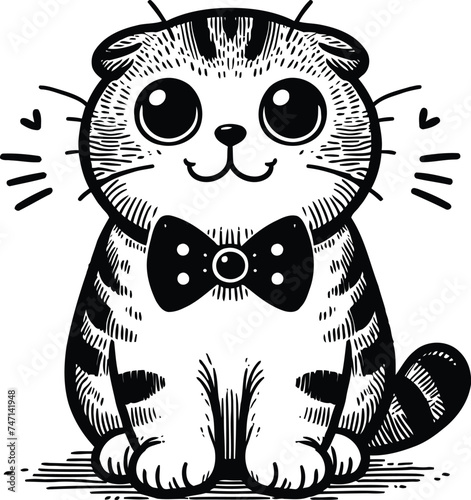 Scottish fold, shorthair cat in cute animal doodle cartoon, children mascot drawing, outline, 