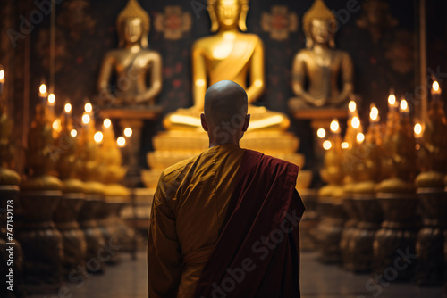 Praying Buddhist monk in robe in front of golden Buddha statue in temple